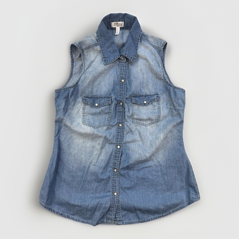 Ali & Kris Denim Button Front Sleeveless Shirt Women's‎ Large Chambray Top
